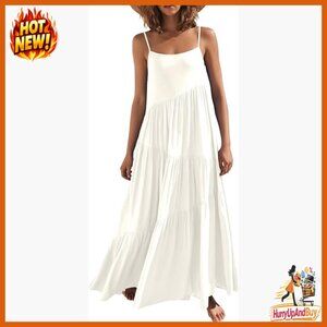 White Linen Maxi Dress Boho Flowy Sleeveless Spaghetti Strap Summer Beach